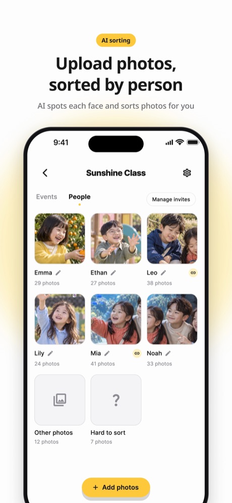 Upload photos, sorted by person. AI spots each face and sorts photos for you.