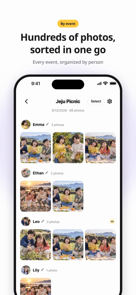 Hundreds of photos, sorted in one go. Every event, organized by person.