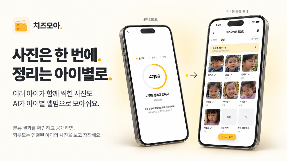 사진 업로드 화면에서 아이별 앨범 분류 결과로 이어지는 치즈모아 앱